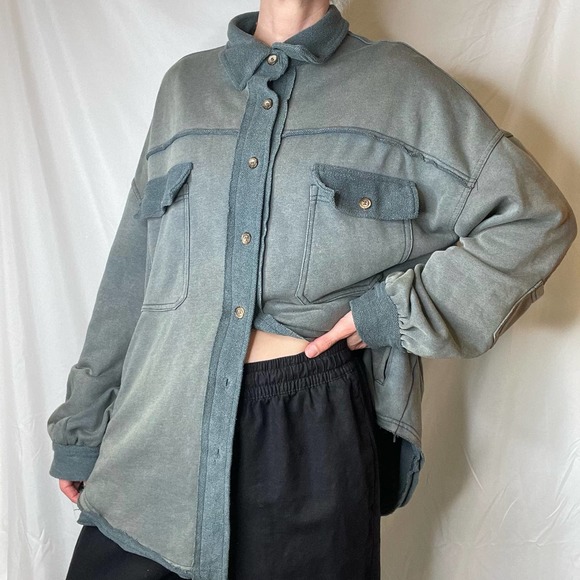 Pol French terry oversized shacket jacket green button front vintage wash faded - Picture 12 of 16